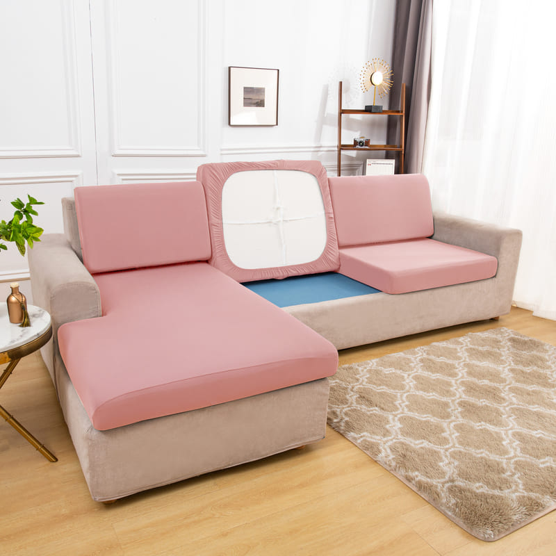 dessous coussin housse extensible rose poudré pour coussin assise canapé
