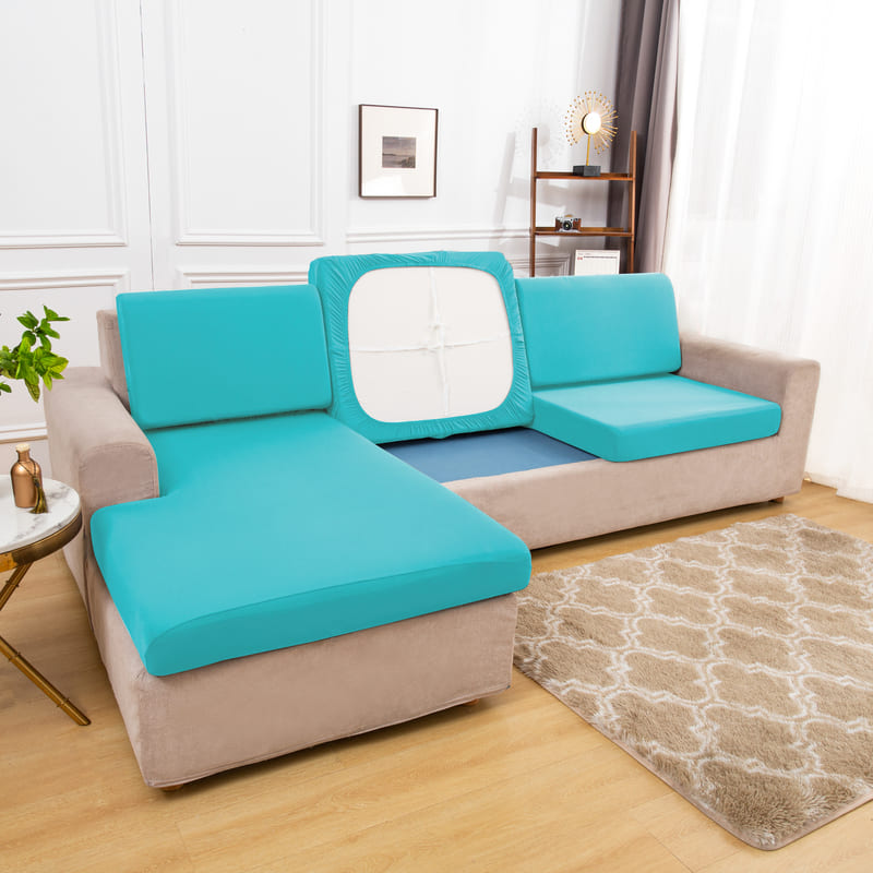 dessous coussin housse extensible turquoise pour coussin assise canapé