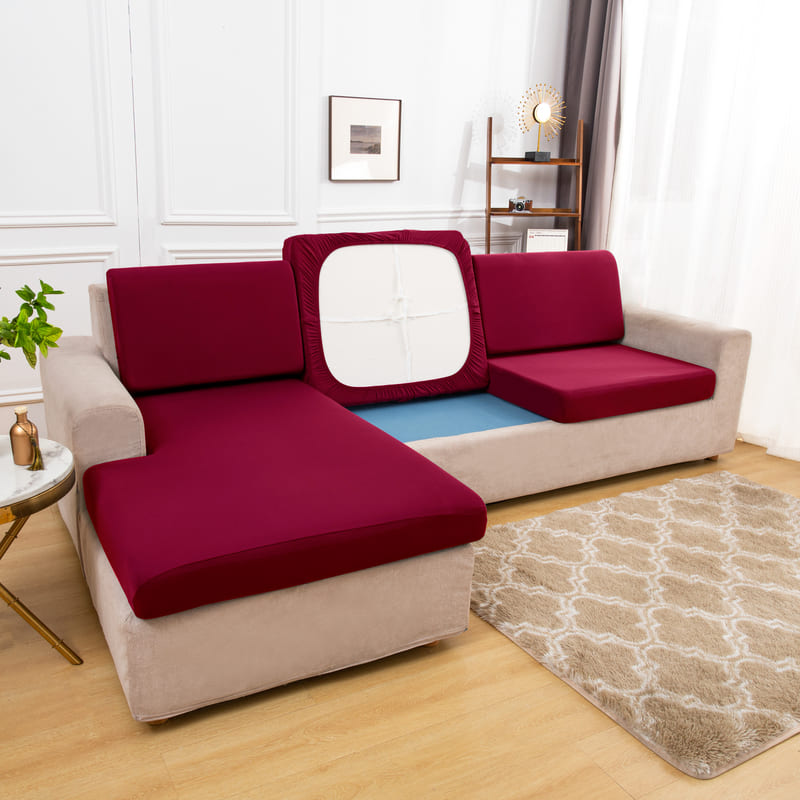 dessous coussin housse extensible vin rouge pour coussin assise canapé