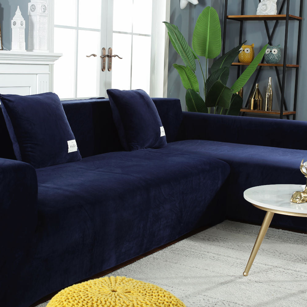 Housse de Canapé d'Angle en L peluche Bleu marine