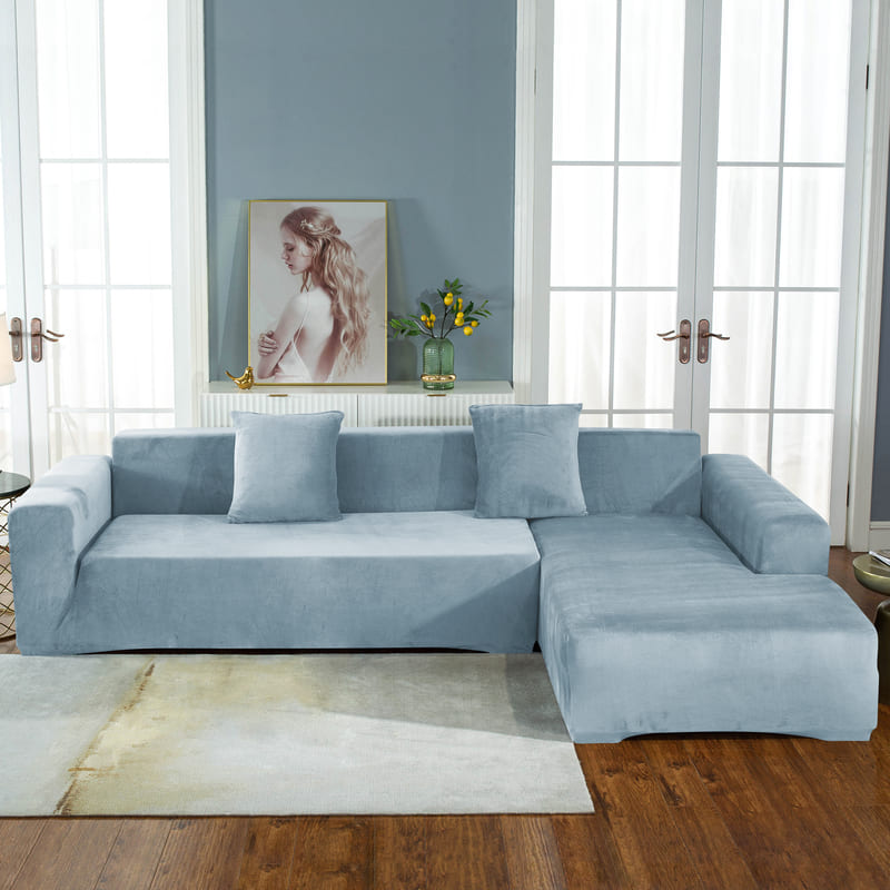 Housse de canapé d'angle velours bleu gris