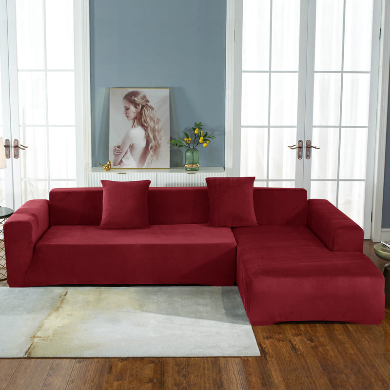 Housse de canapé d'angle velours bordeaux