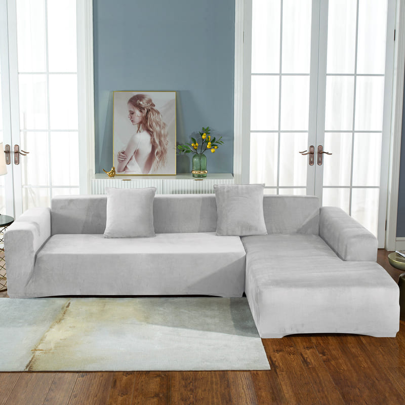 Housse de canapé d'angle velours gris argent