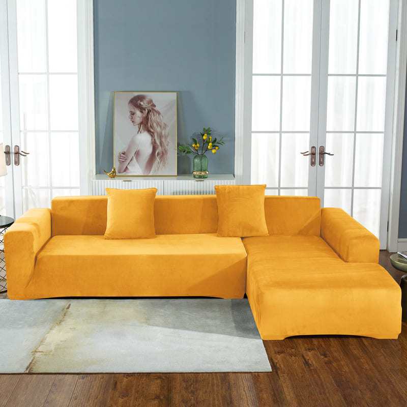 Housse de canapé d'angle velours jaune moutarde