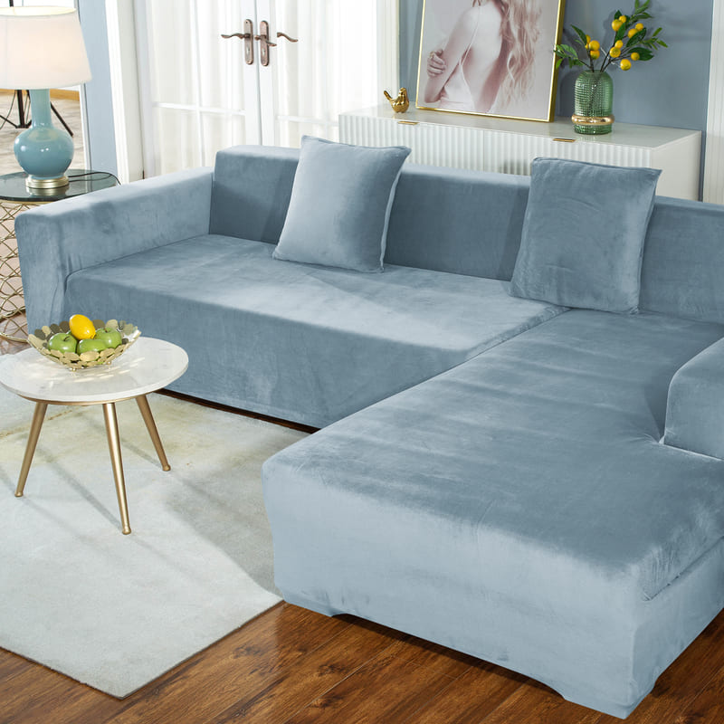 housse extensible pour canapé d'angle bleu gris velours