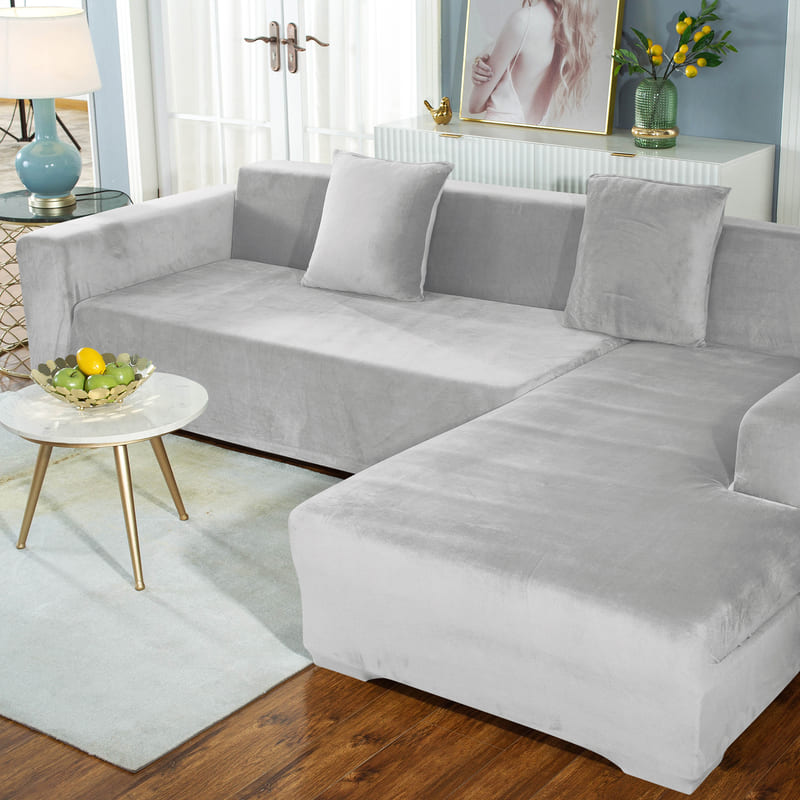 housse extensible pour canapé d'angle gris argent velours