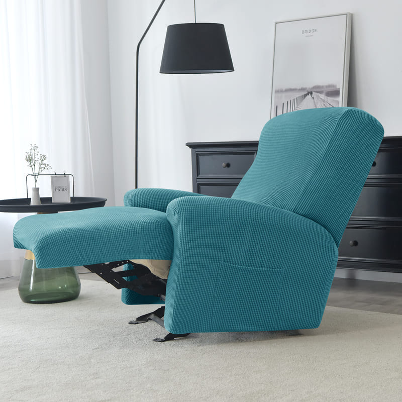 housse jacquard Bleu canard sur un fauteuil relax déplié