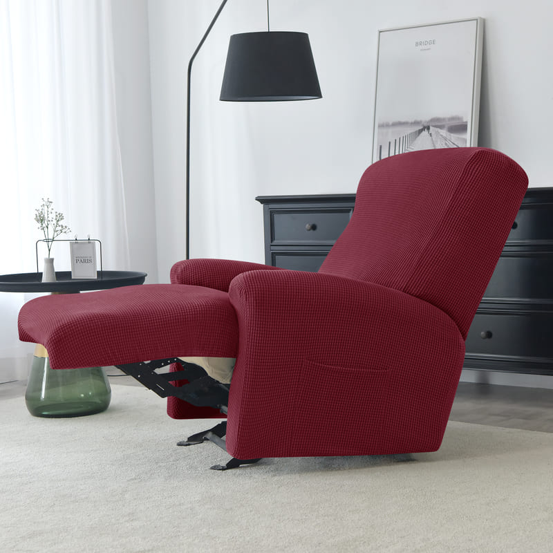 housse jacquard bordeaux sur un fauteuil relax déplié