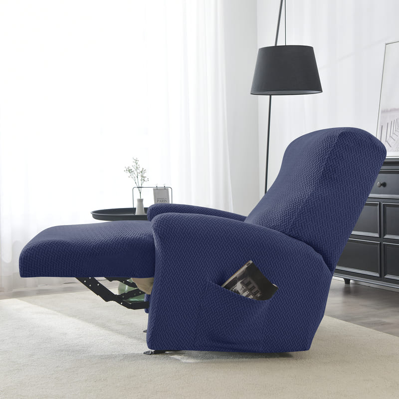 housse microfibre bleu marine sur un fauteuil relax déplié