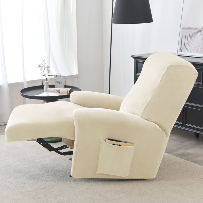 housse velours beige sur un fauteuil relax déplié