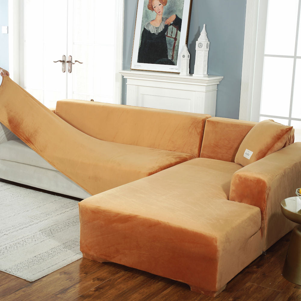 installation housse de canapé d'angle velours camel