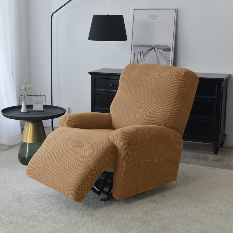 vue de coté housse de fauteuil relax jacquard brun
